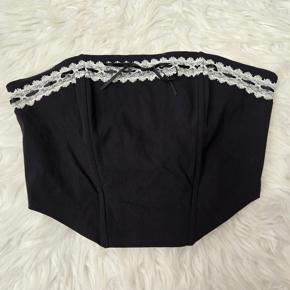 Beverly and Beck Black Lace Trim Corset Tube Top Bow Detail Size M